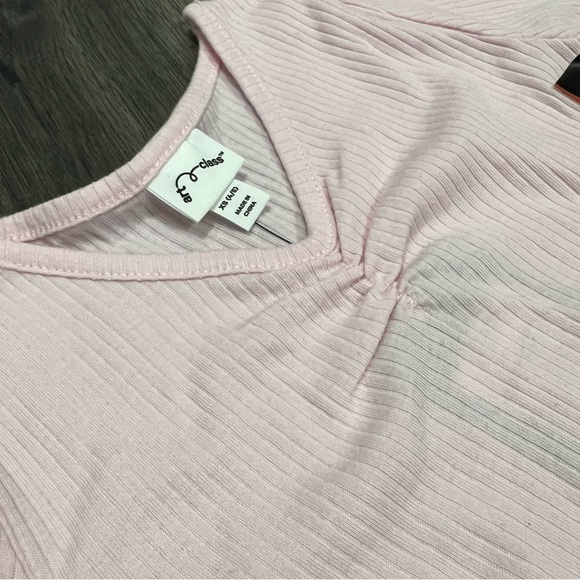 Ribbed Knit Ruffle Detail Pink Long Sleeved Tee Shirt - Picture 2 of 3